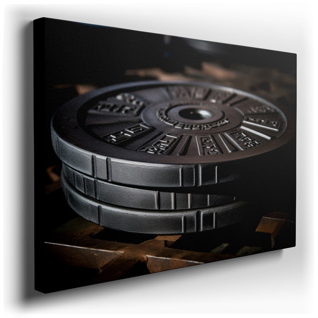 canvas print on wrapped canvas for wall decor – This evocative wall art captures the essence of strength and determination through its depiction of black weight plates...