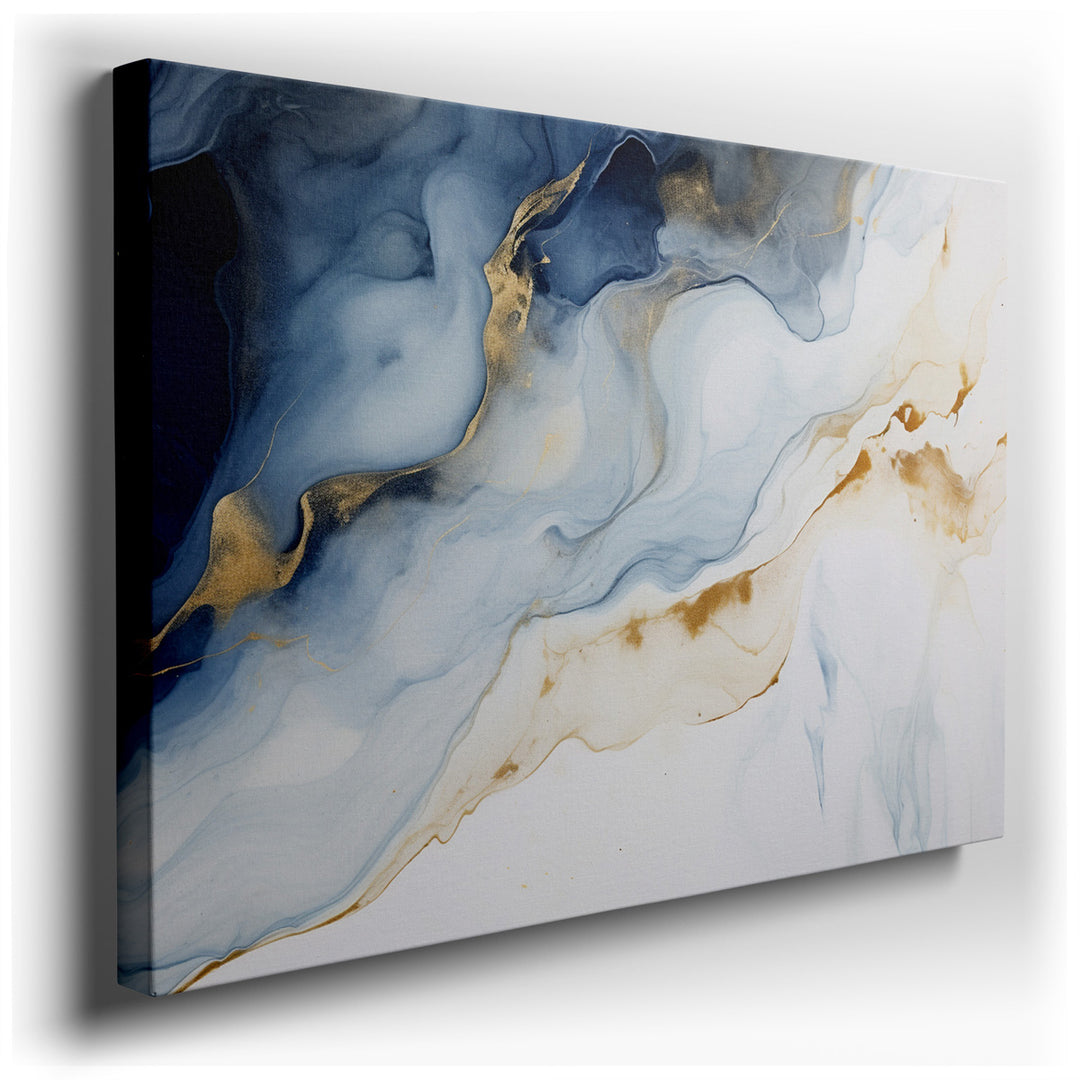 canvas print on wrapped canvas for wall decor – This exquisite wall art, a mesmerizing composition of abstract swirls in blue and gold, offers a visual representation t...
