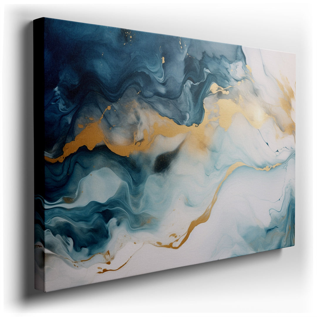 canvas print on wrapped canvas for wall decor – This exquisite wall art, a masterful composition of fluid waves in hues of blue and gold, captures the essence of the oc...