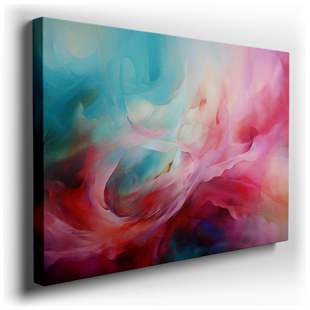 canvas print on wrapped canvas for wall decor – This exquisite abstract wall art is a mesmerizing composition of vibrant swirls in blue and pink tones, masterfully inte...