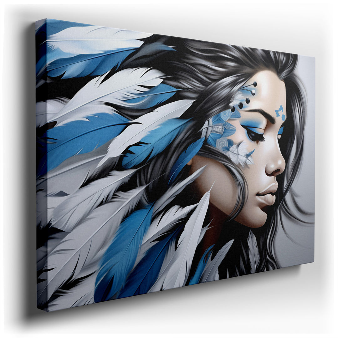 canvas print on wrapped canvas for wall decor – This exquisite wall art captures the serene and elegant essence of a woman adorned with an elaborate headdress made of b...