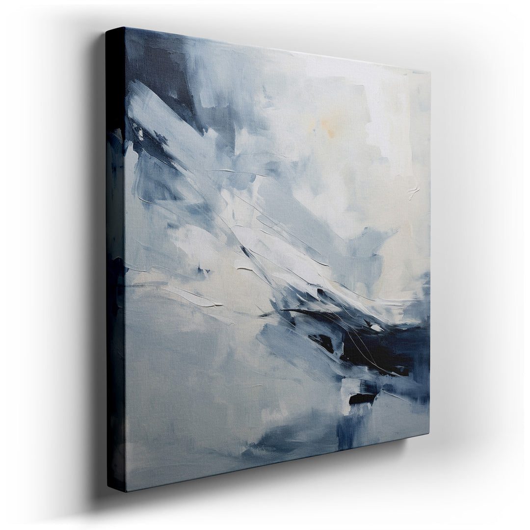 canvas print on wrapped canvas for wall decor – This exquisite abstract wall art is a masterful blend of soft blue and white tones, intermingling in a harmonious dance...