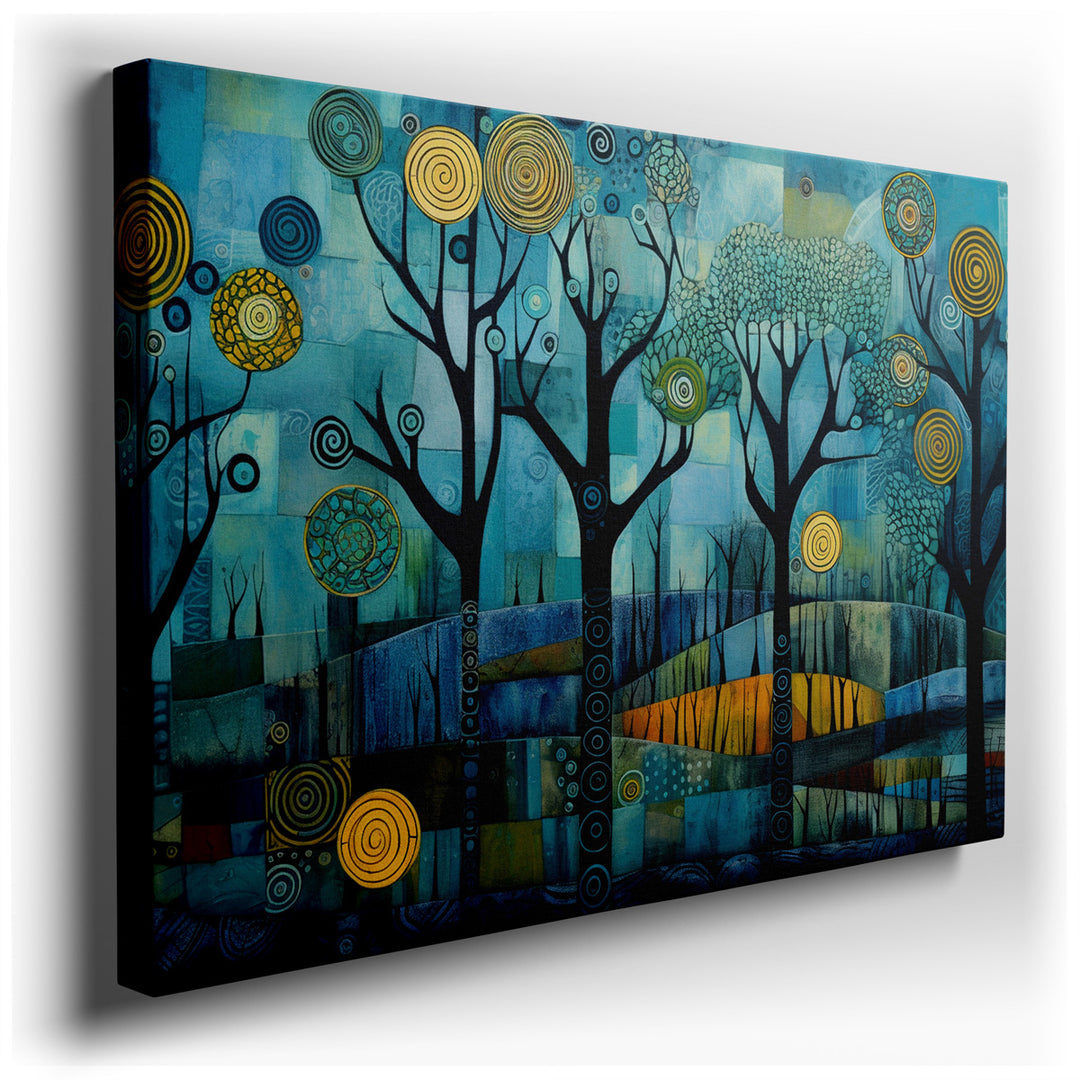 canvas print on wrapped canvas for wall decor – This wall art, an enchanting abstract representation of trees intertwined with vibrant swirls in shades of blue and yell...