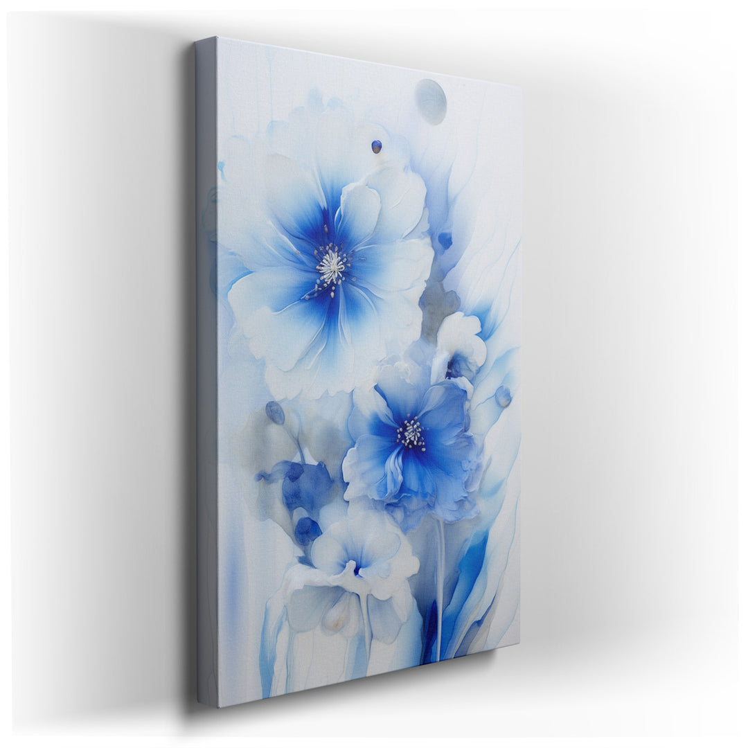 canvas print on wrapped canvas for wall decor – This exquisite wall art, a masterful composition of blue flowers set against a gently abstract backdrop, offers a visual...