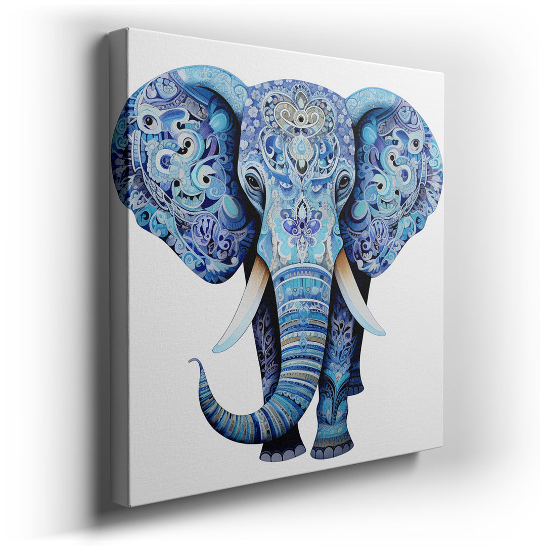 canvas print on wrapped canvas for wall decor – This wall art, featuring a captivating blue elephant, is a masterpiece of visual storytelling that combines intricate ge...