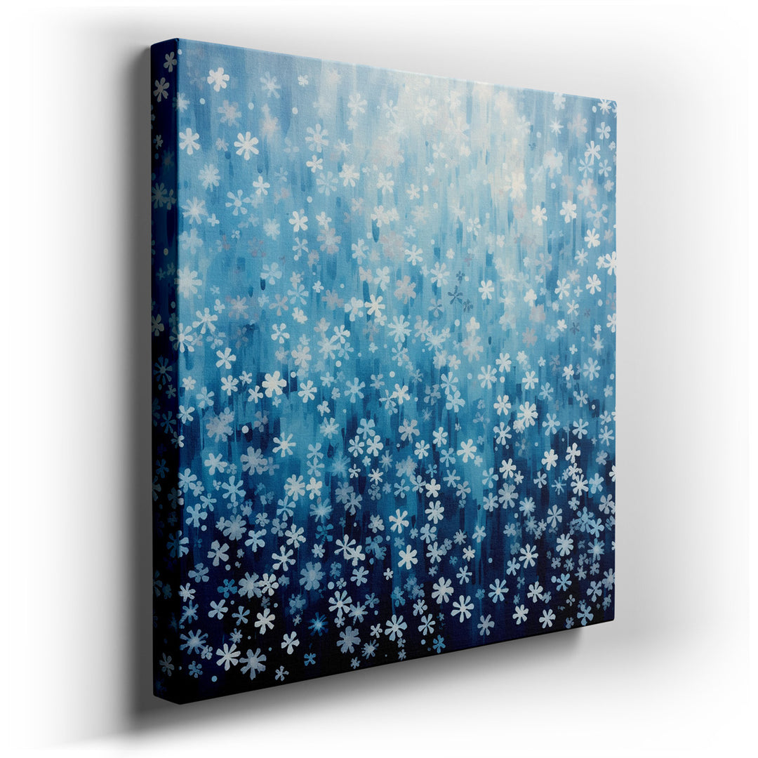 canvas print on wrapped canvas for wall decor – This exquisite wall art, a masterful representation of abstract art, features delicate blue flowers that seem to float e...