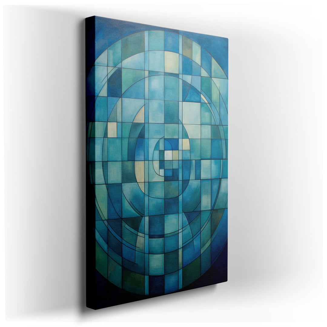 canvas print on wrapped canvas for wall decor – This captivating geometric abstract wall art is a masterful composition that combines various shades of blue, arranged i...