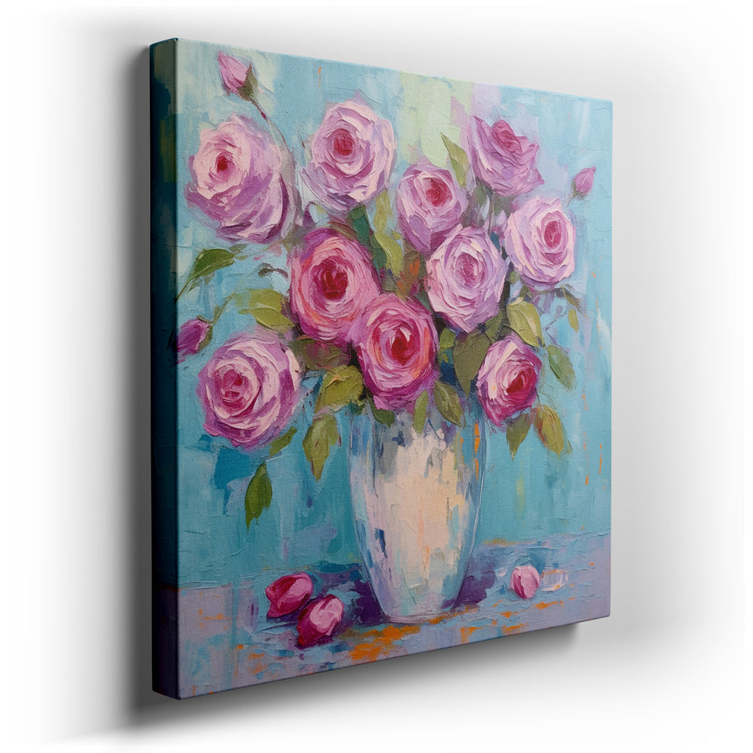 canvas print on wrapped canvas for wall decor – This exquisite wall art captures the delicate beauty of pink roses, each petal rendered with tender care, nestled gracef...