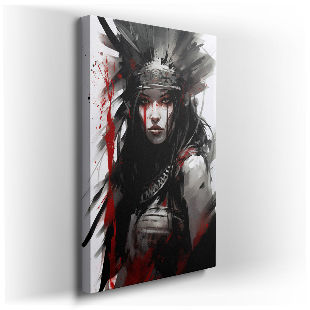 canvas print on wrapped canvas for wall decor – This digital wall art is a captivating portrayal of a fierce warrior woman, richly adorned with tribal elements that hig...