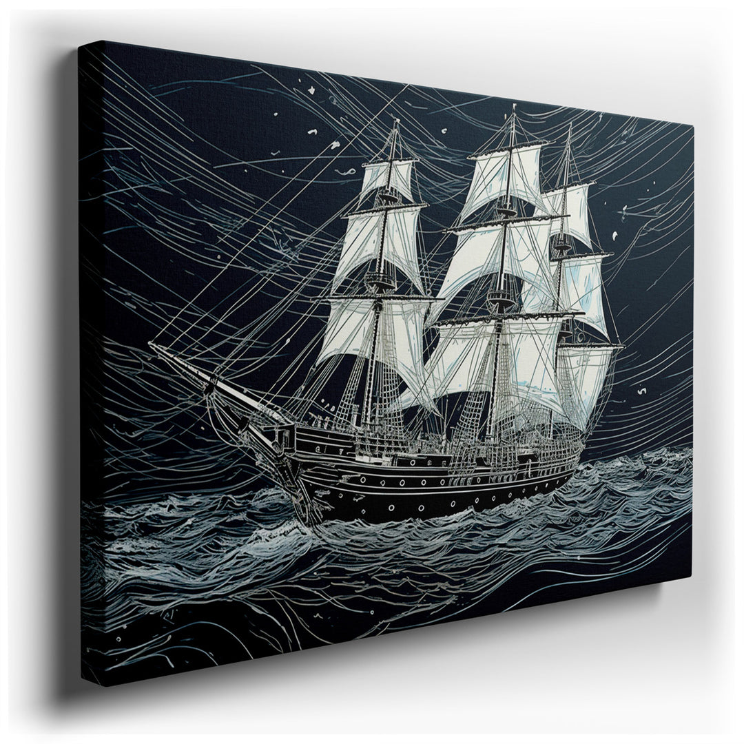 canvas print on wrapped canvas for wall decor – This wall art captures the essence of a grand old sailing ship as it bravely navigates through a tempestuous sea, embody...