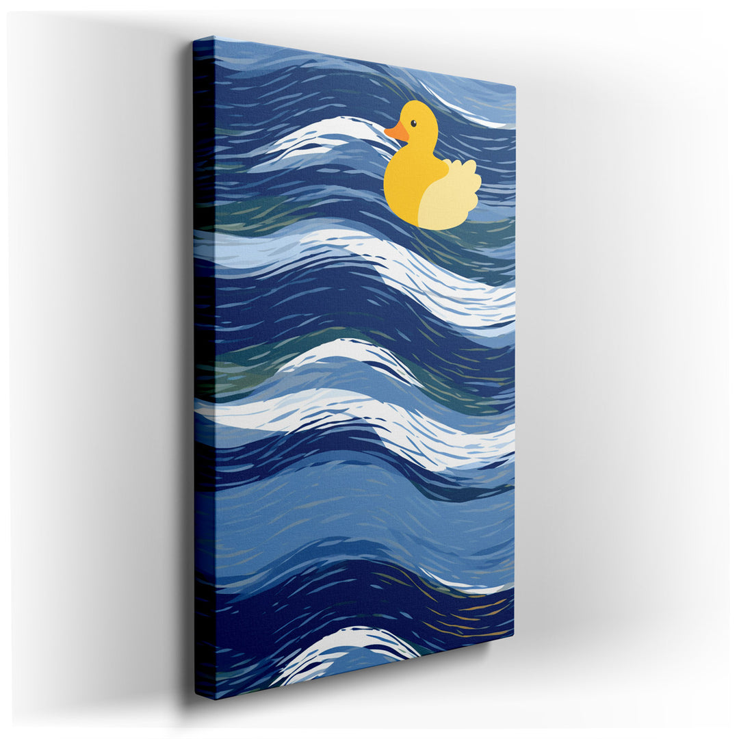 canvas print on wrapped canvas for wall decor – This delightful wall art captures the essence of joy and serenity through the depiction of a cheerful yellow duck merril...