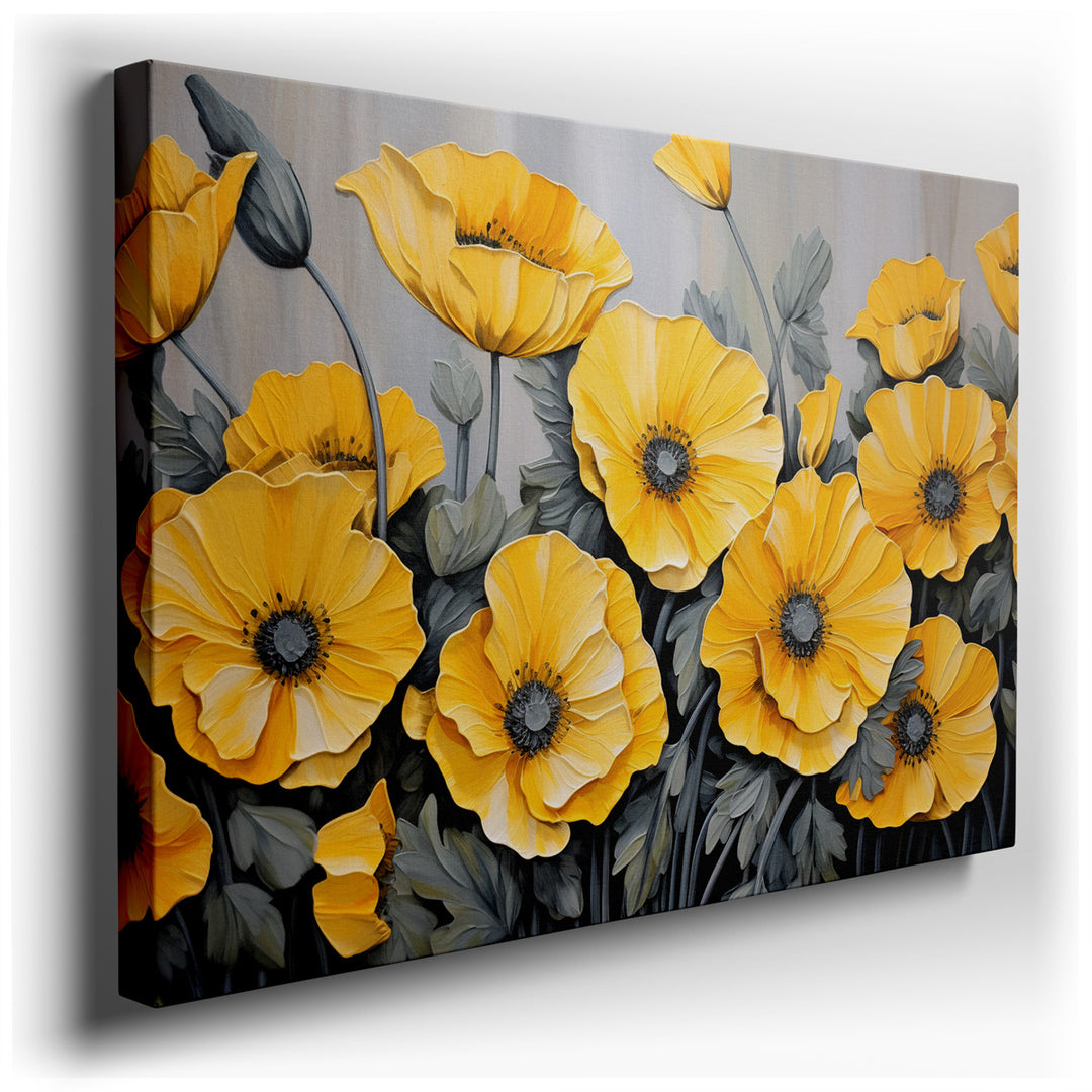 canvas print on wrapped canvas for wall decor – This wall art, a captivating display of vibrant yellow poppies, is a masterpiece that brings the beauty of nature indoor...