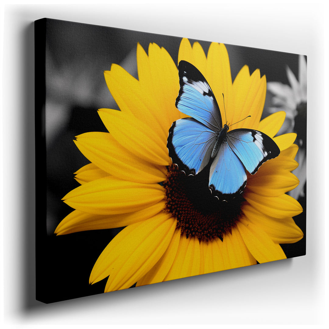 canvas print on wrapped canvas for wall decor – This enchanting wall art portrays a vivid blue butterfly, its wings open in full display, perched gracefully atop a brig...