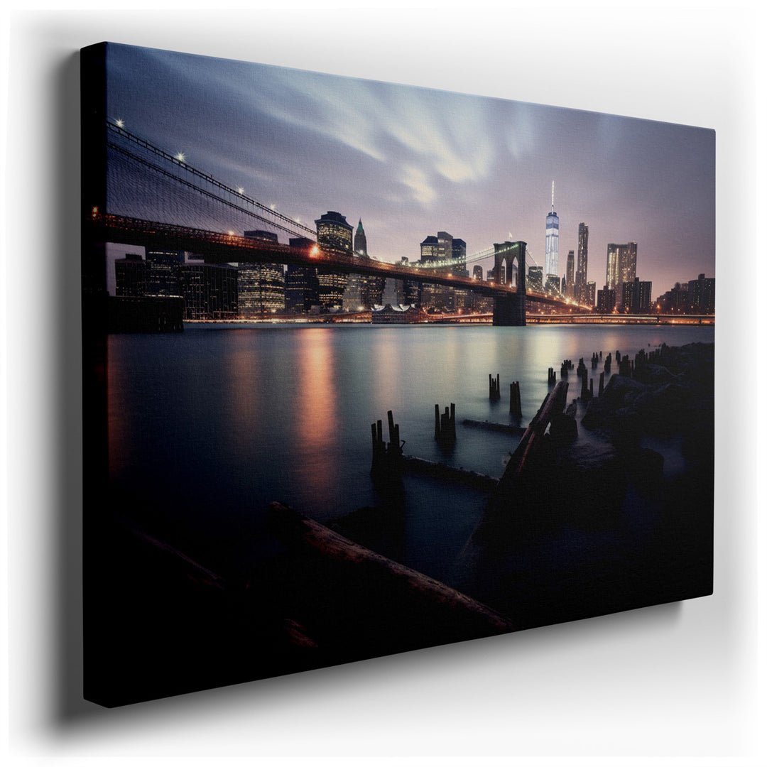 canvas print on wrapped canvas for wall decor – This captivating wall art captures the essence of the Brooklyn Bridge during a serene twilight, masterfully portrayed th...