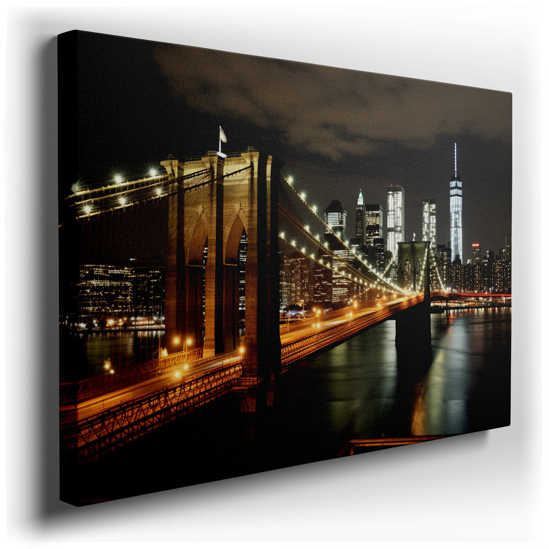 canvas print on wrapped canvas for wall decor – This wall art, a mesmerizing depiction of the Brooklyn Bridge at night, is a masterpiece that captures the essence of Ne...