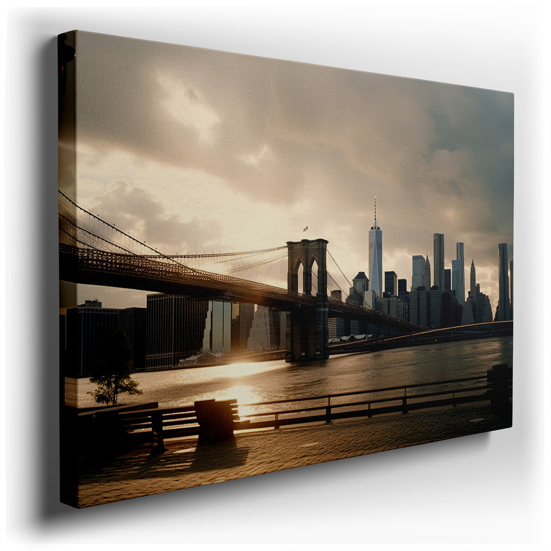 canvas print on wrapped canvas for wall decor – This wall art of the Brooklyn Bridge at sunset is a captivating portrayal of one of New York City's most iconic landmark...