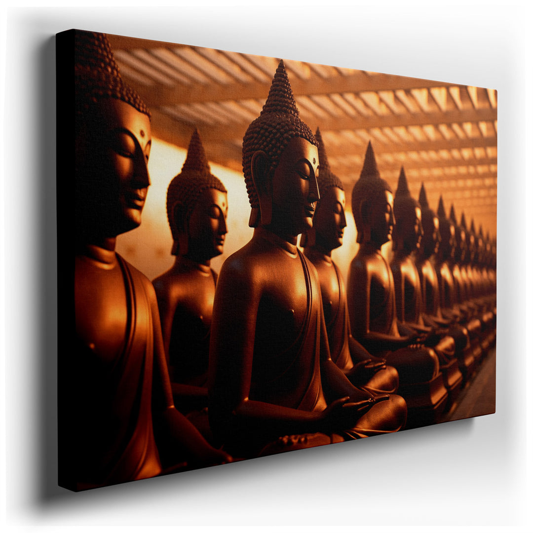 canvas print on wrapped canvas for wall decor – This exquisite wall art captures a serene assembly of Buddha statues, each intricately designed, standing as silent sent...