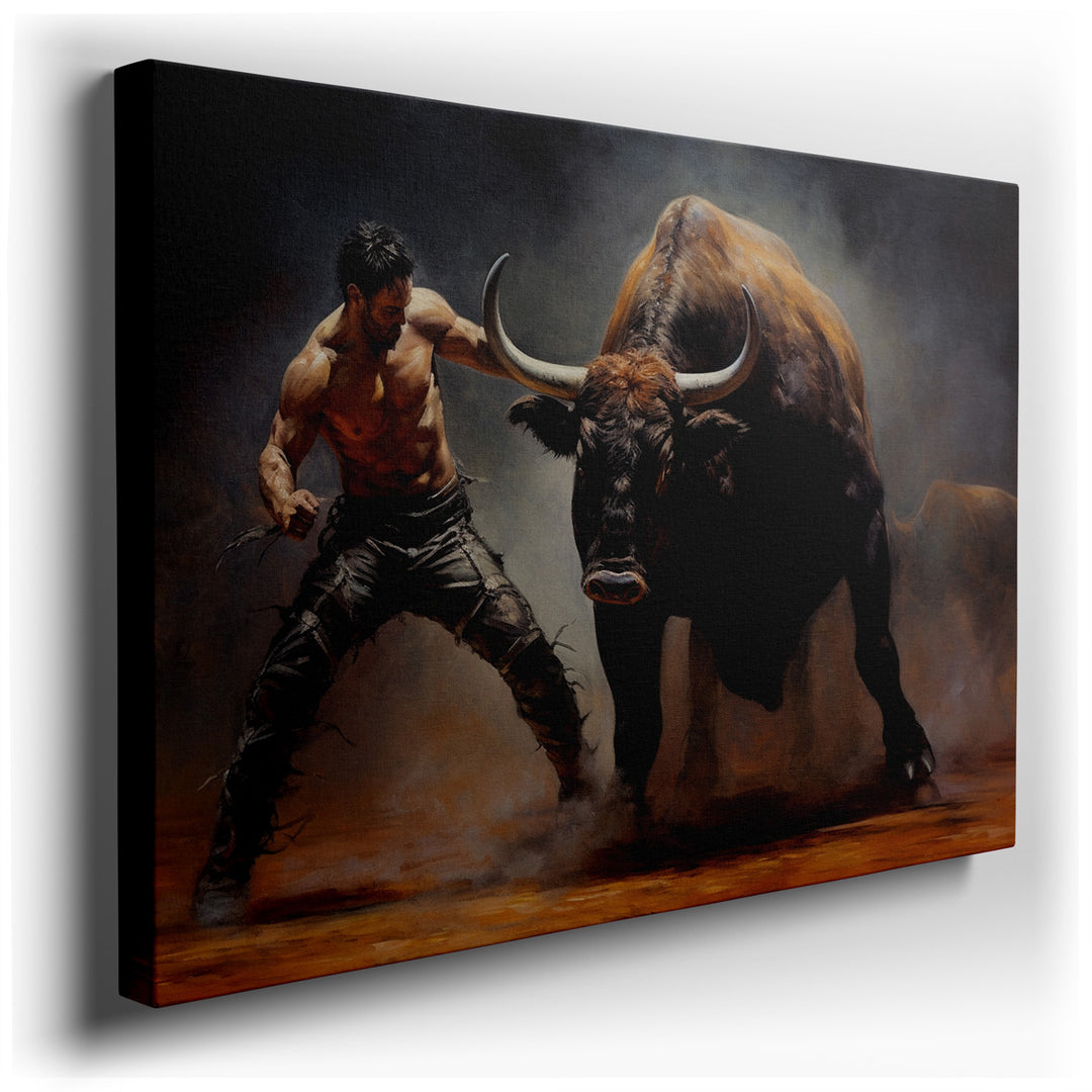 canvas print on wrapped canvas for wall decor – The wall art in question captures a moment of intense drama and raw power, depicting a powerful man in the midst of conf...