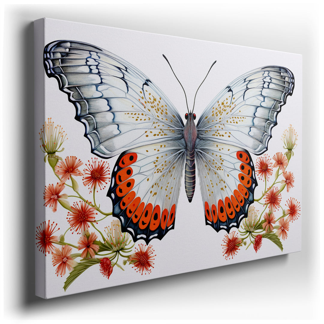 canvas print on wrapped canvas for wall decor – This wall art, a masterful depiction of a butterfly amidst a floral setting, is a true testament to the beauty and intri...