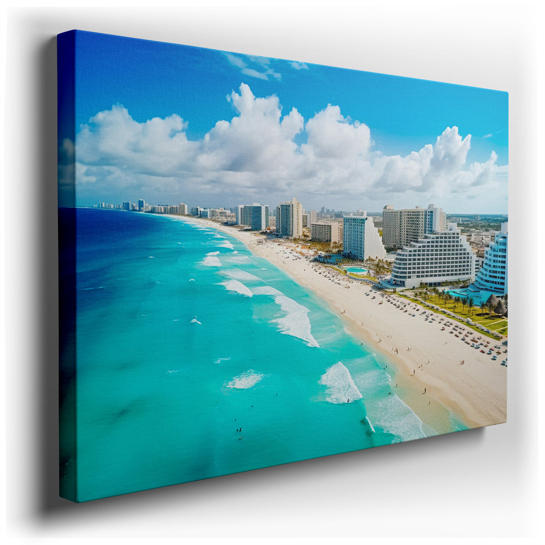 canvas print on wrapped canvas for wall decor – The wall art captures an aerial view of Cancun's breathtaking beach, a scene that vividly brings to life the quintessenc...