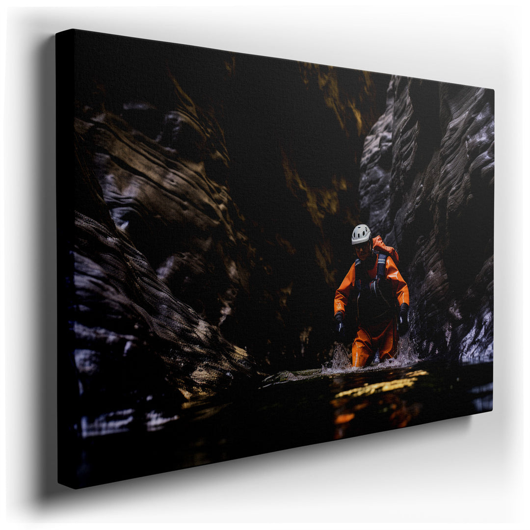 canvas print on wrapped canvas for wall decor – This wall art vividly portrays the exhilarating moment of a kayaker navigating through a narrow, rocky canyon, encapsula...