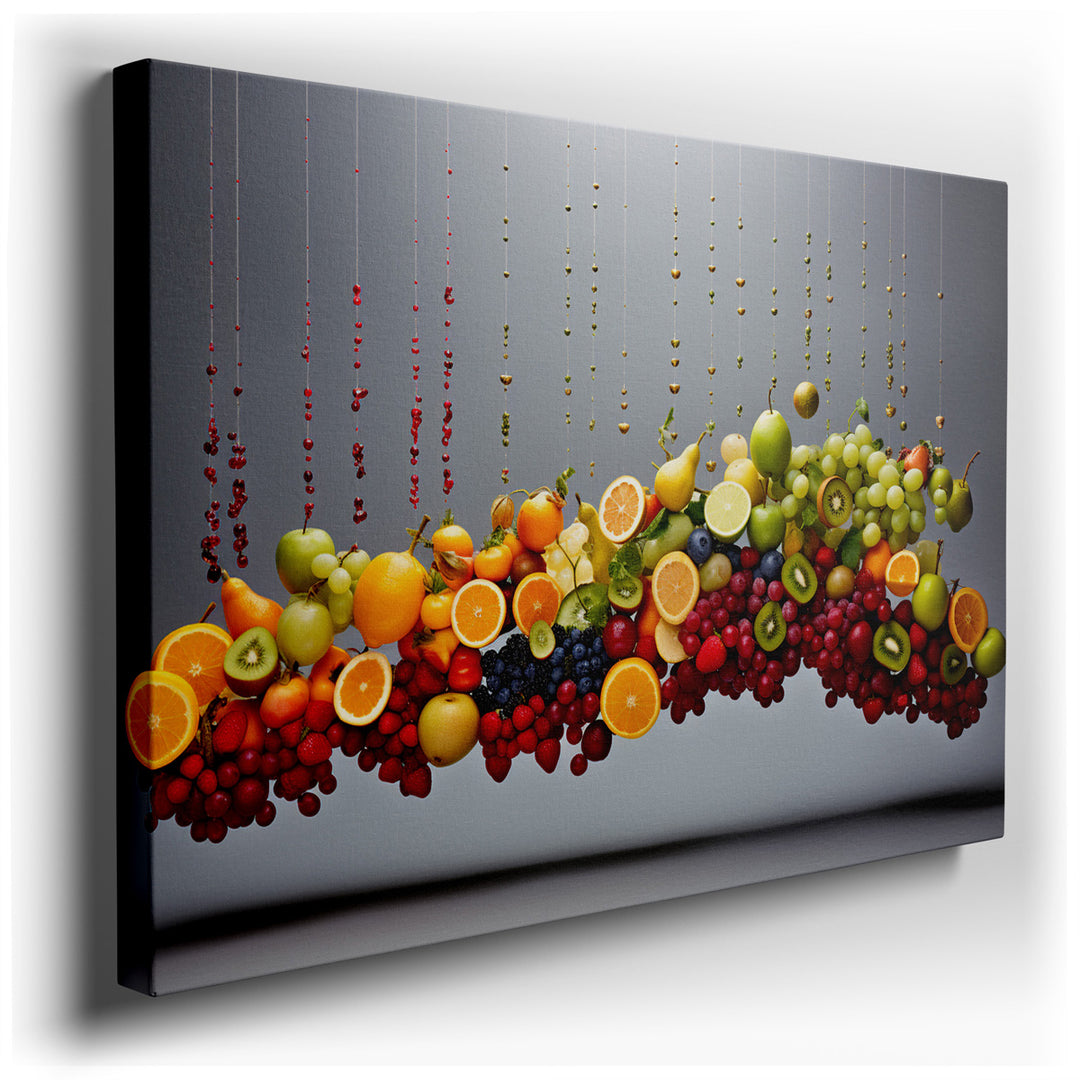 canvas print on wrapped canvas for wall decor – This wall art, a captivating composition of hanging fruits, is a masterful celebration of nature's bounty, rendered in a...