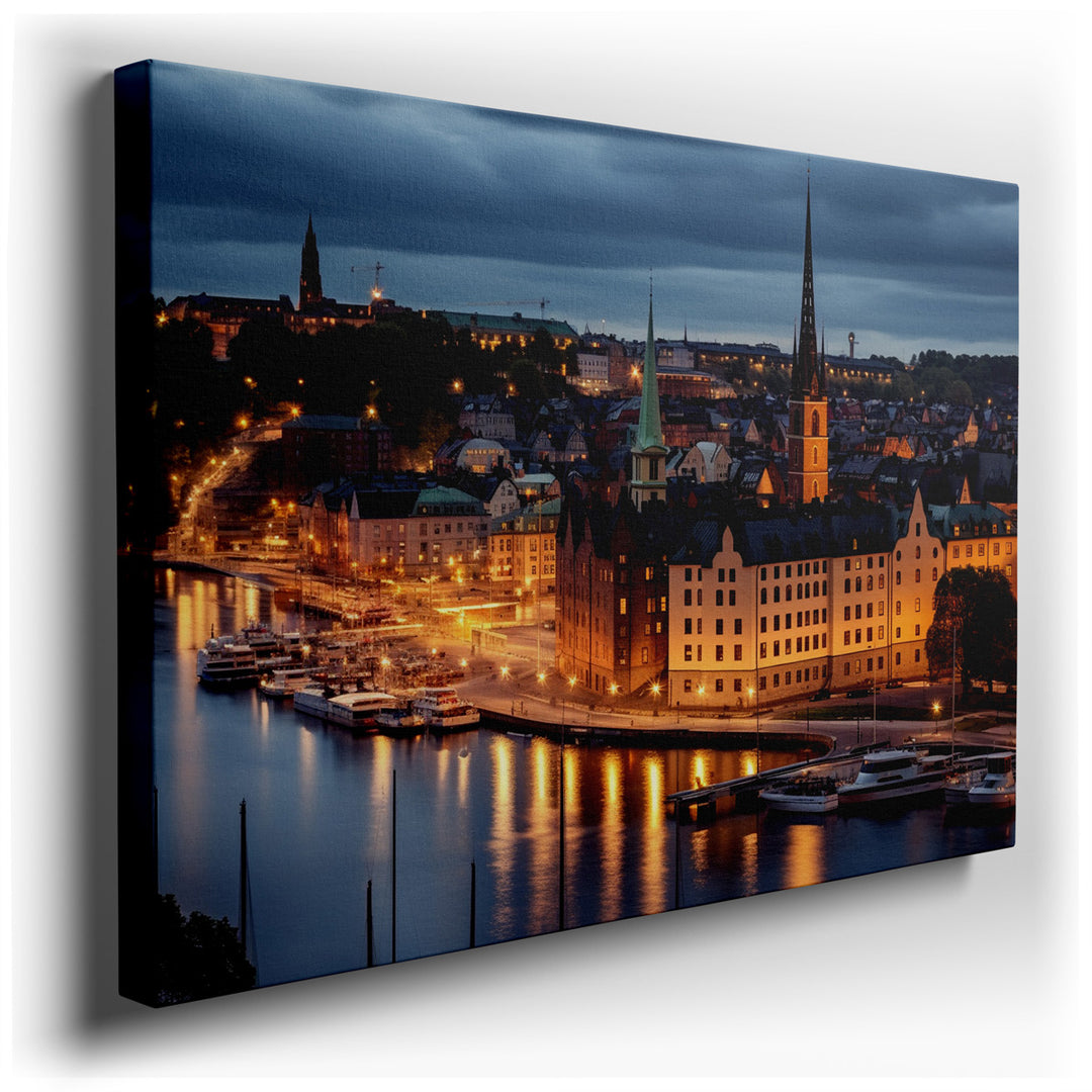 canvas print on wrapped canvas for wall decor – This wall art captures an exquisite evening view of Stockholm, where the city's historic charm and modern vibrancy conve...