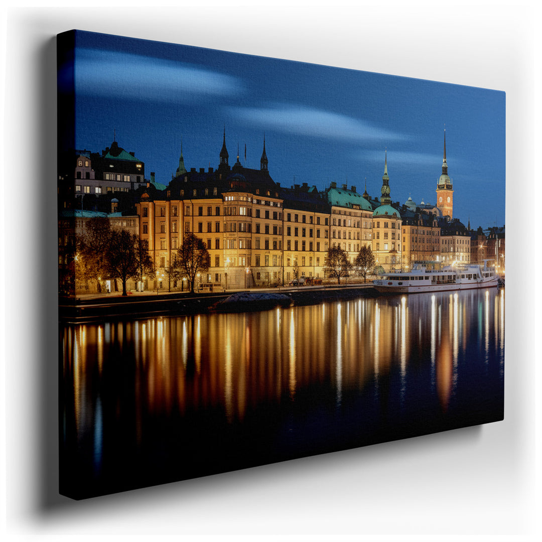 canvas print on wrapped canvas for wall decor – Imagine a wall art that encapsulates the essence of Stockholm at night, a canvas that brings the historic and vibrant ci...