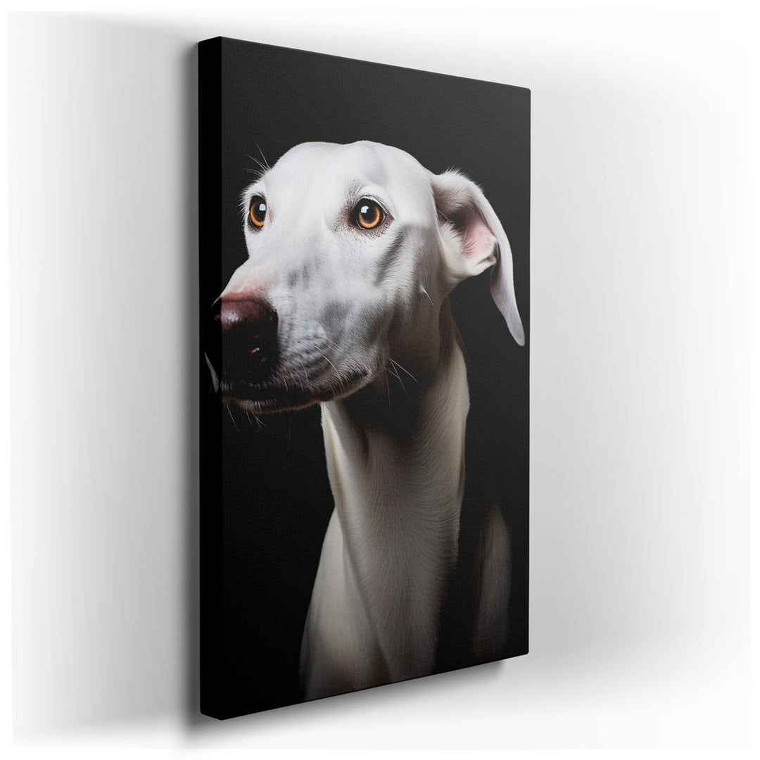 canvas print on wrapped canvas for wall decor – This exquisite wall art masterfully portrays a pure white dog, whose striking eyes immediately draw the viewer into a de...