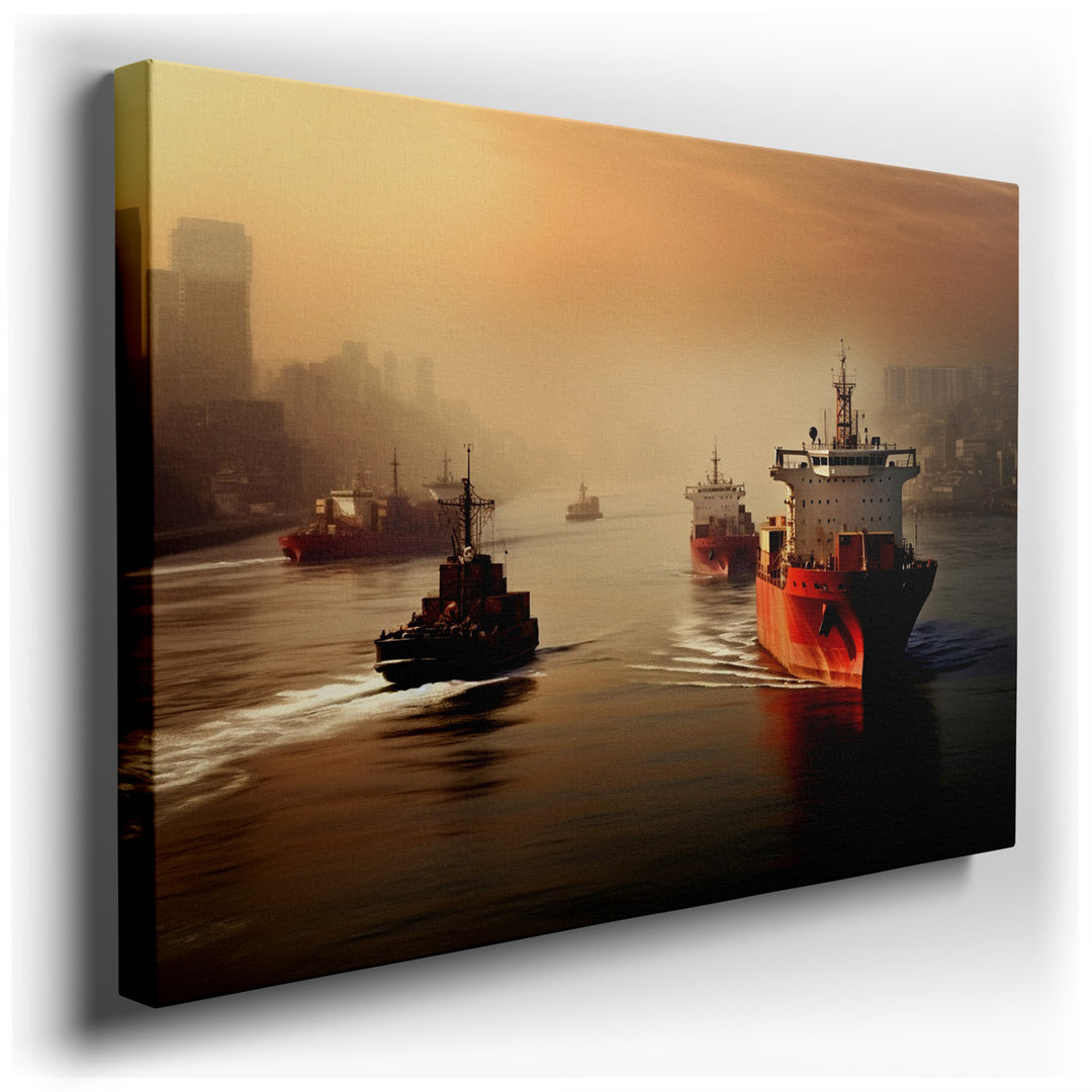 canvas print on wrapped canvas for wall decor – This wall art, a mesmerizing depiction of cargo ships gliding through a serene waterway at dusk, offers a visual narrati...