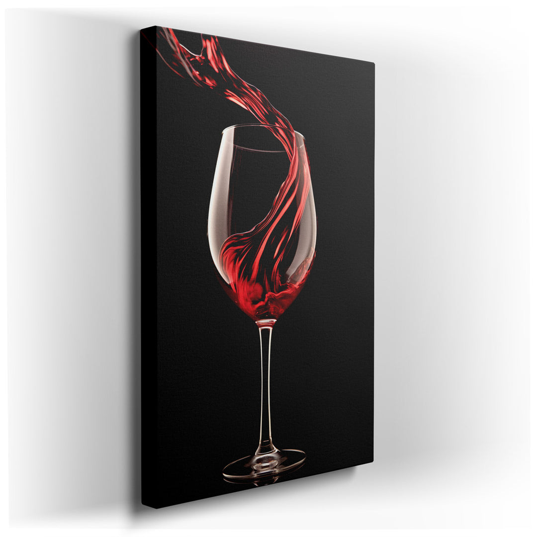 canvas print on wrapped canvas for wall decor – This exquisite wall art captures the essence of wine culture with a striking depiction of a glass of red wine, mid-splas...