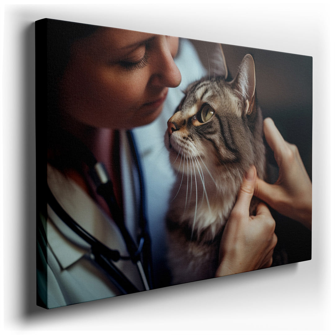 canvas print on wrapped canvas for wall decor – This evocative wall art captures a tender moment between a veterinarian and a cat, beautifully illustrating the profound...