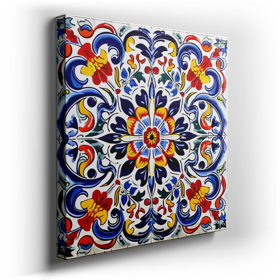 canvas print on wrapped canvas for wall decor – This wall art is a captivating display of traditional decorative tiles, each intricately designed to showcase a colorful...