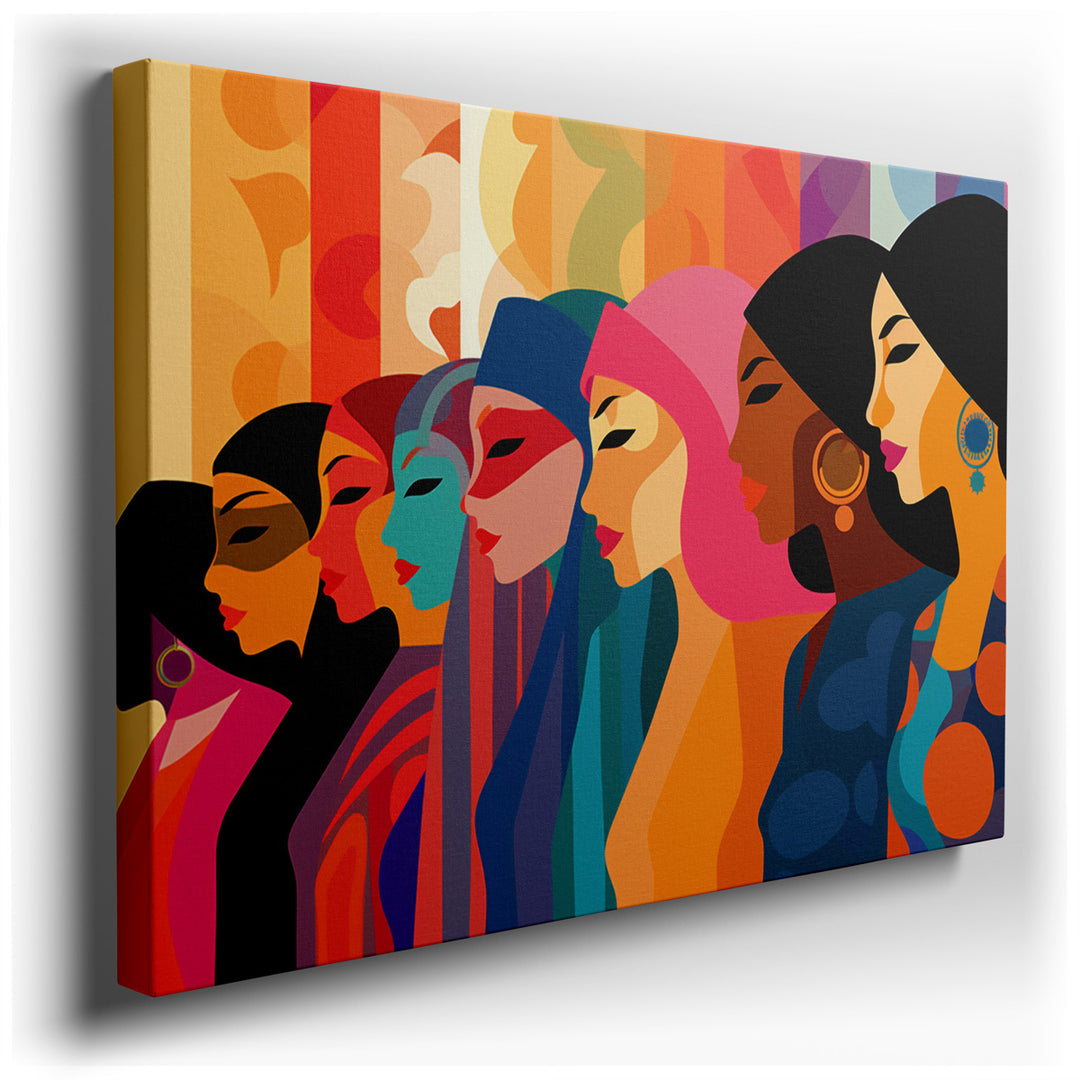 canvas print on wrapped canvas for wall decor – This captivating wall art is a celebration of diversity and beauty, featuring stylized portraits of women from various c...
