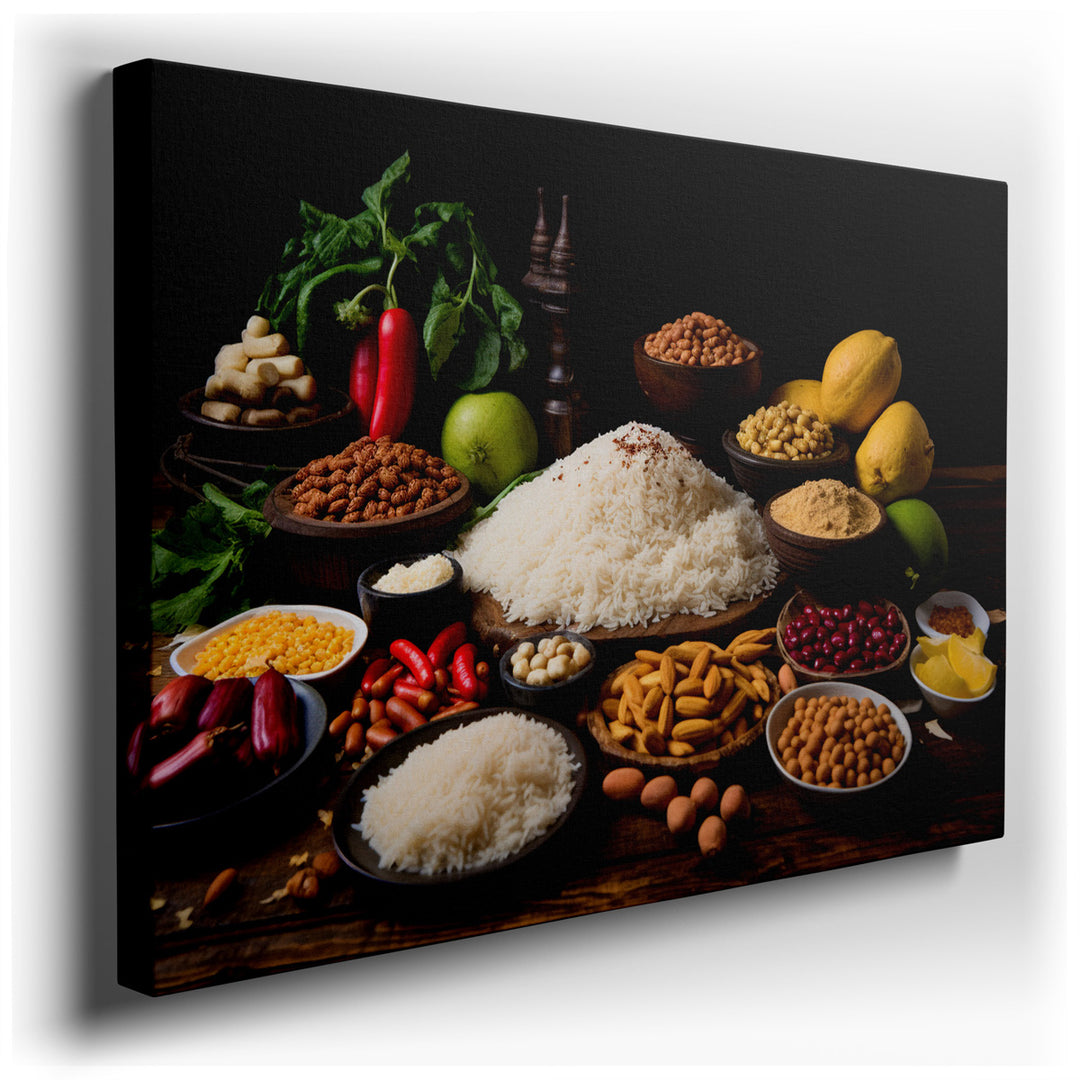 canvas print on wrapped canvas for wall decor – This wall art is a captivating celebration of the bounty of nature, meticulously composed on a rustic wooden table that...
