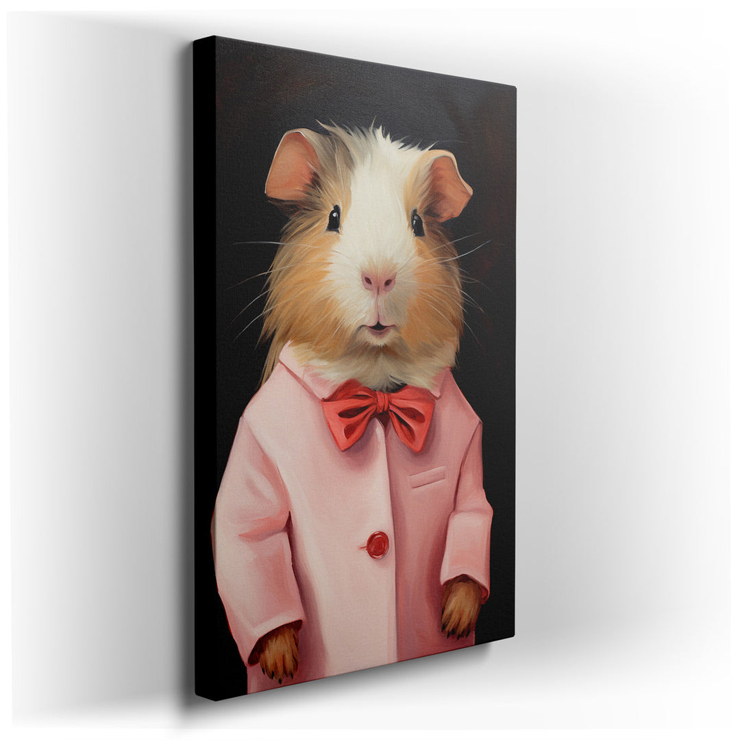canvas print on wrapped canvas for wall decor – This enchanting wall art captures the whimsical essence of a stylish guinea pig, dressed to impress in a charming pink c...