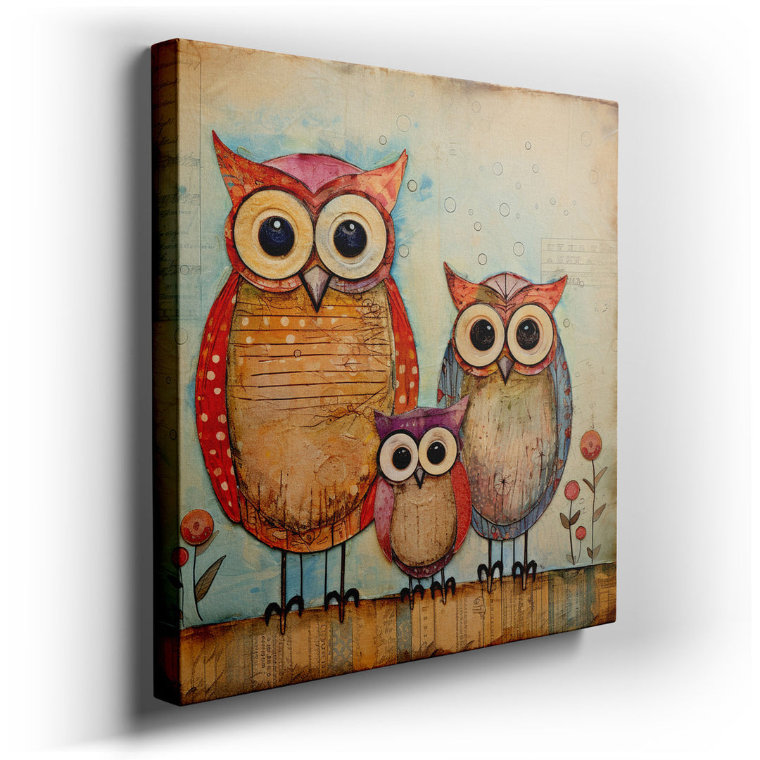 canvas print on wrapped canvas for wall decor – This enchanting wall art, featuring a trio of whimsically designed owls, is a masterpiece of charm and playfulness that...