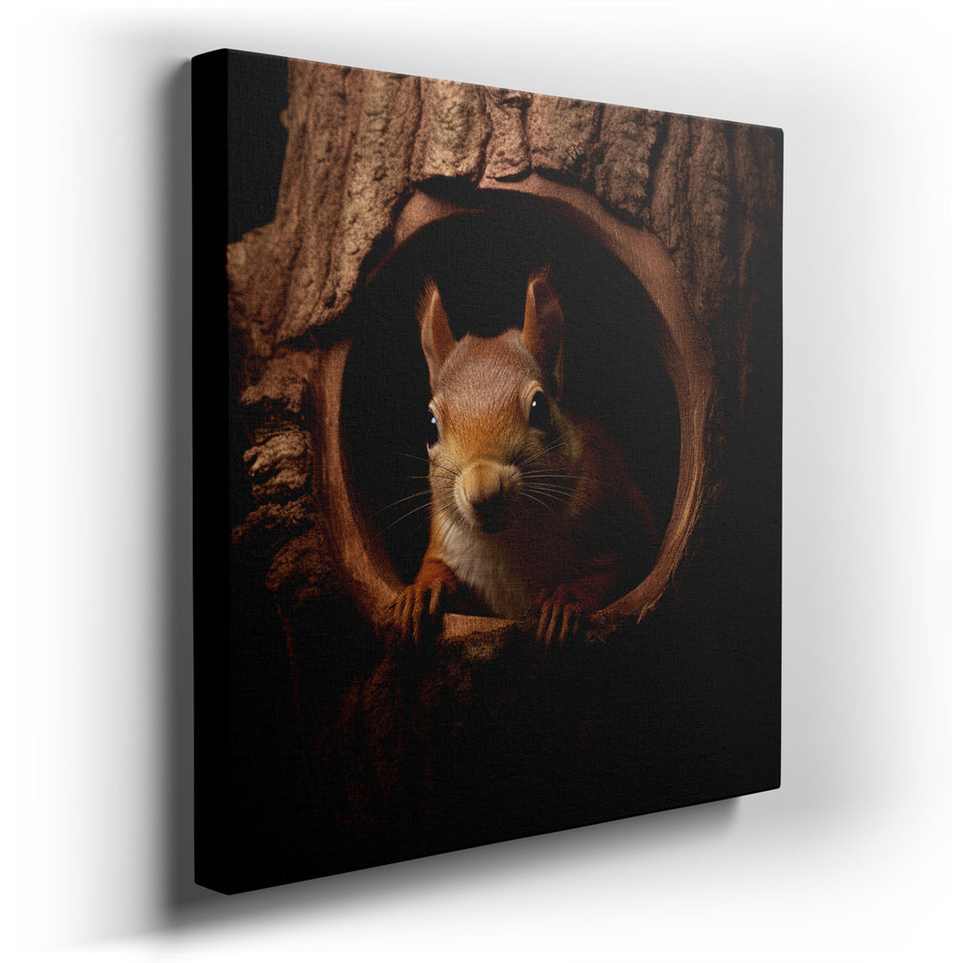 canvas print on wrapped canvas for wall decor – This delightful wall art captures the enchanting moment of a squirrel peeking out from the hollow of a tree, its eyes br...
