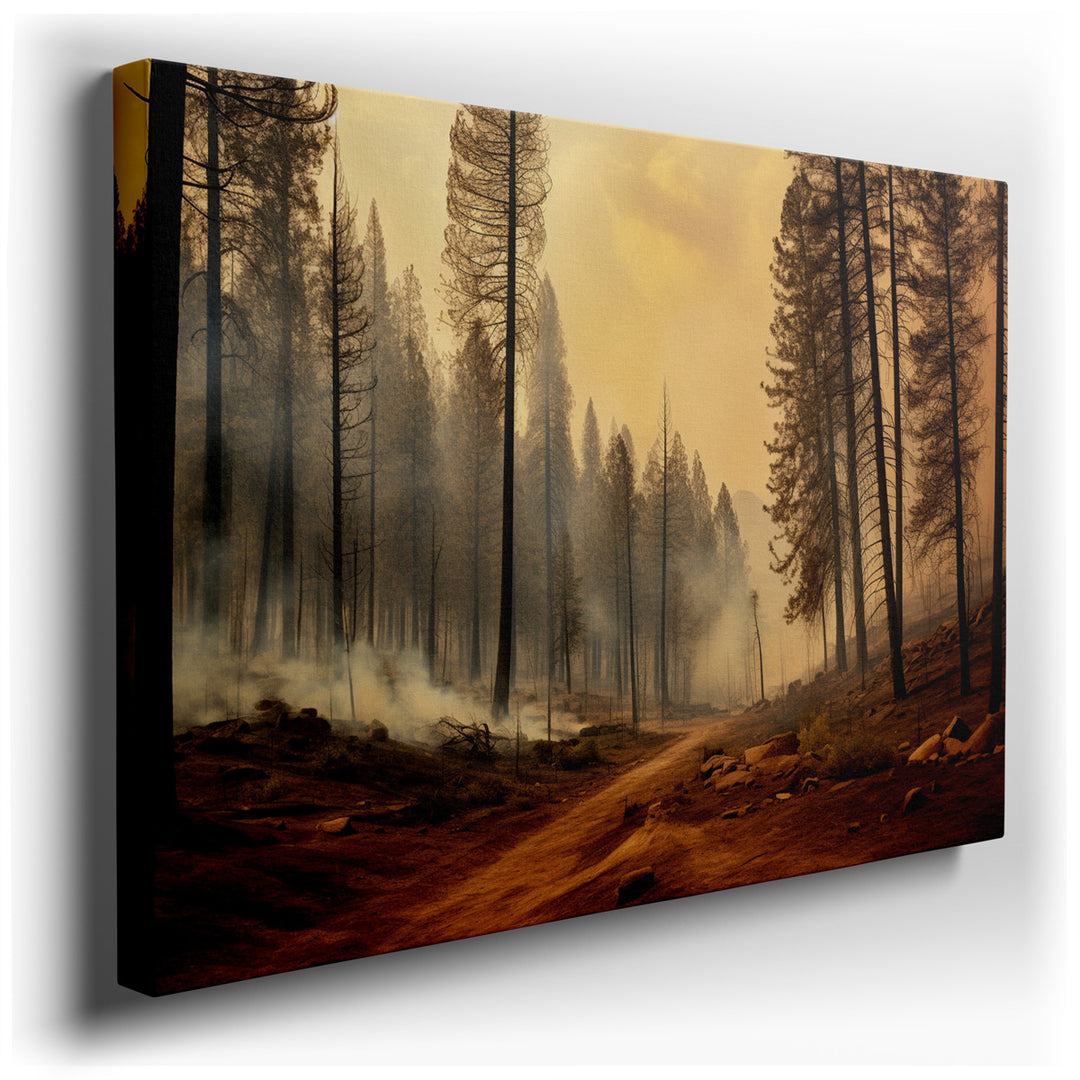 canvas print on wrapped canvas for wall decor – This evocative wall art captures the haunting aftermath of a wildfire, presenting a forest landscape that is both somber...
