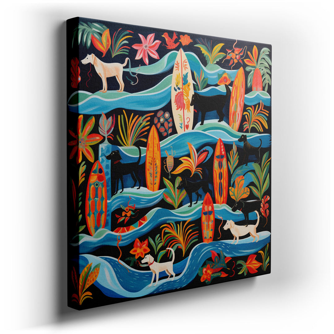 canvas print on wrapped canvas for wall decor – This wall art is a captivating and dynamic artwork that brings together the joyful essence of a beach setting with the c...