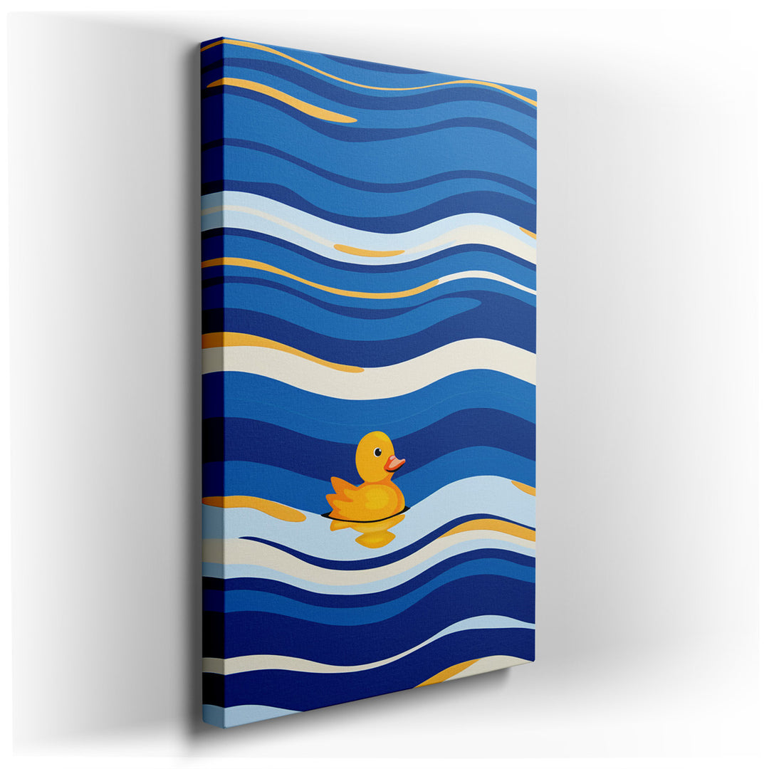 canvas print on wrapped canvas for wall decor – This delightful wall art captures the essence of whimsy and joy through its depiction of a bright yellow rubber duck che...