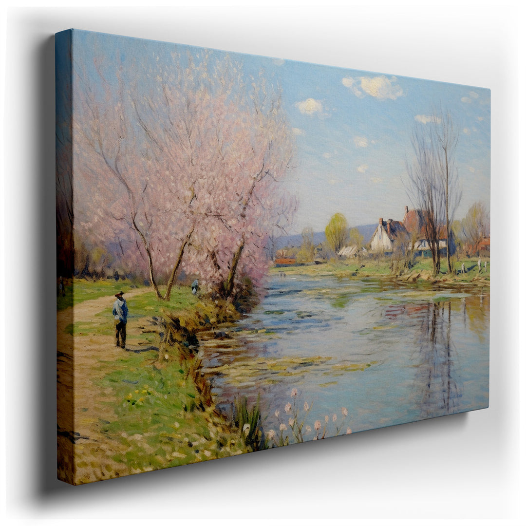 canvas print on wrapped canvas for wall decor – This enchanting wall art captures a tranquil riverbank scene, where the ethereal beauty of cherry blossoms in full bloom...
