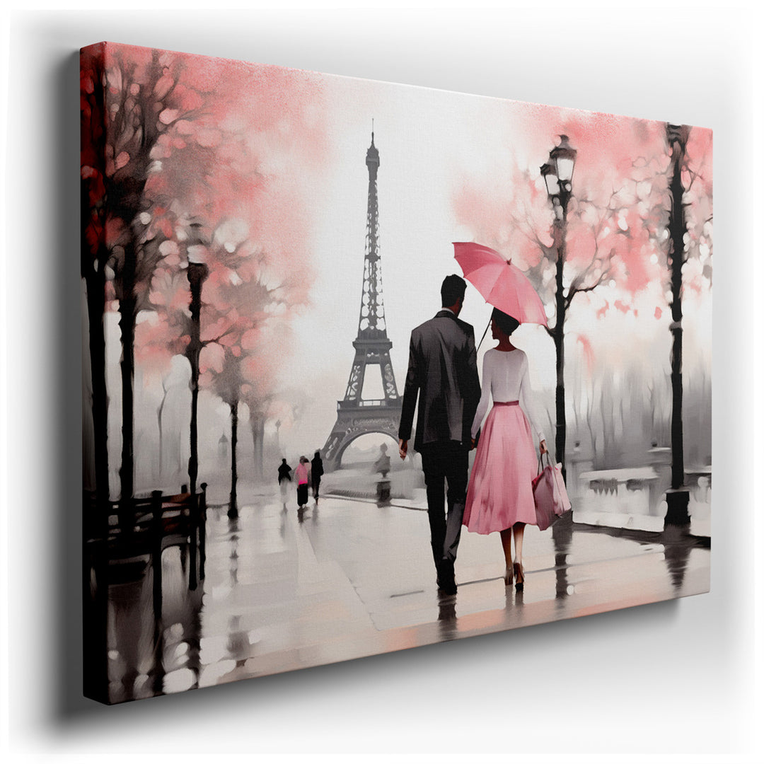 canvas print on wrapped canvas for wall decor – This exquisite wall art captures a quintessentially romantic scene set in the heart of Paris, near the iconic Eiffel Tow...