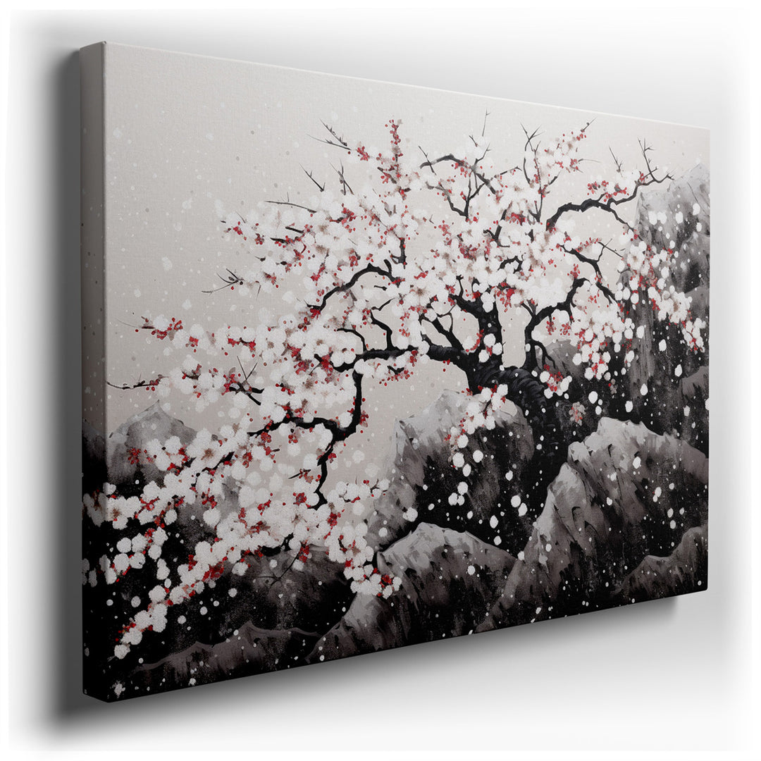 canvas print on wrapped canvas for wall decor – This exquisite wall art captures the breathtaking beauty of a cherry tree in full bloom, its branches adorned with delic...