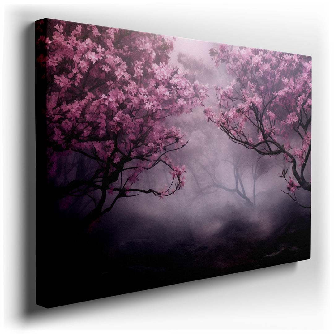 canvas print on wrapped canvas for wall decor – The wall art captures a serene landscape dominated by the delicate beauty of cherry blossom trees in full bloom. These t...