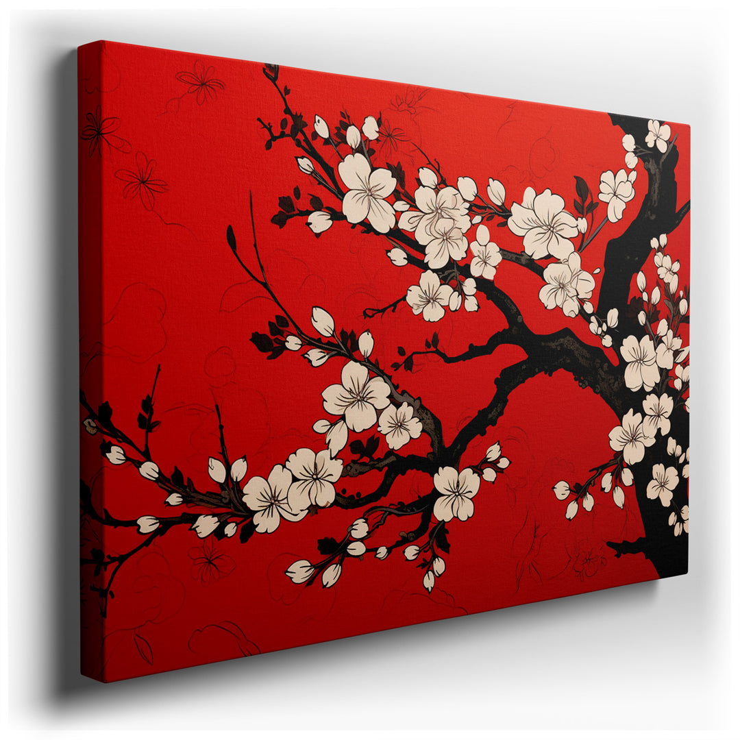 canvas print on wrapped canvas for wall decor – This exquisite wall art captures the ethereal beauty of cherry blossom branches, meticulously rendered with delicate whi...