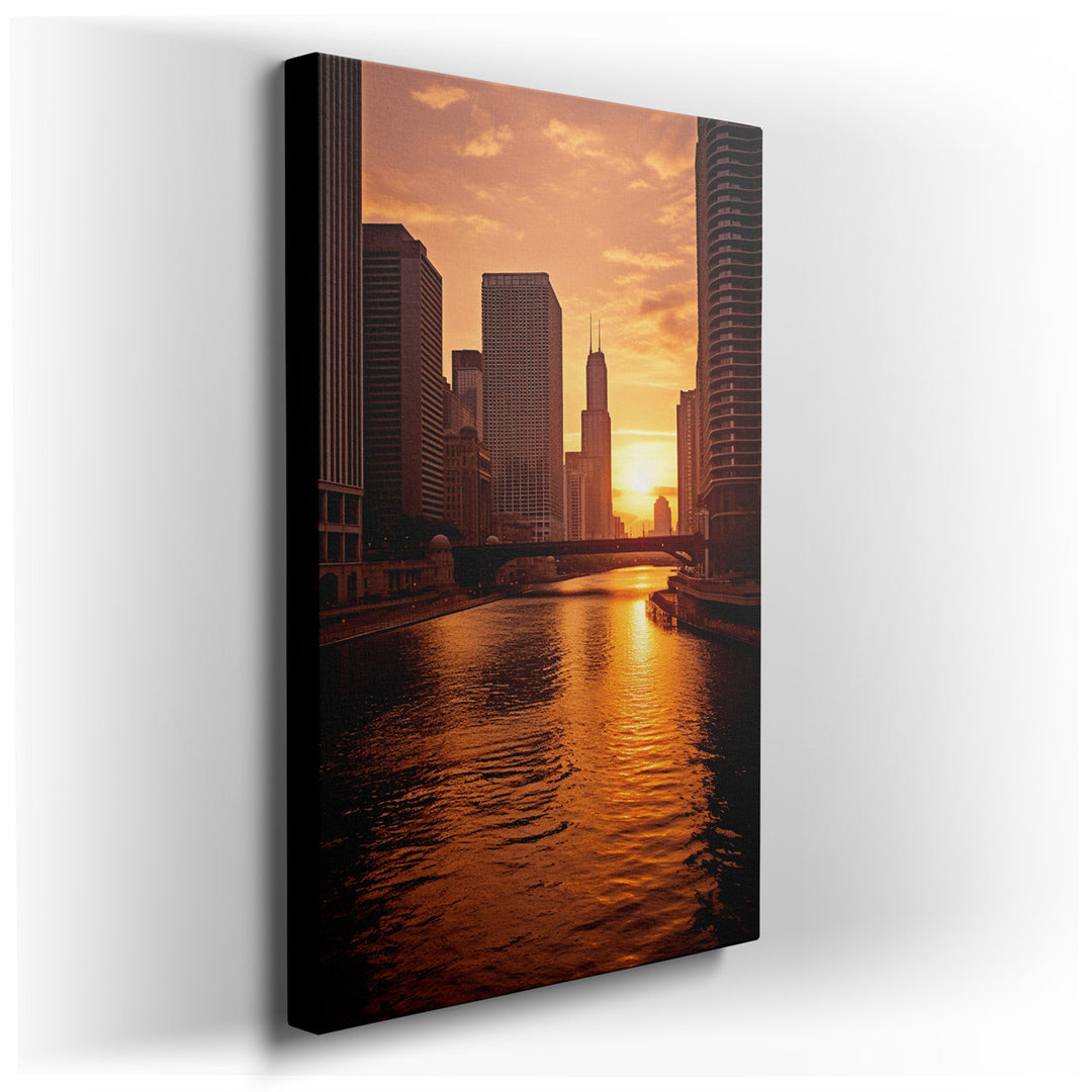 canvas print on wrapped canvas for wall decor – This wall art captures a breathtaking moment over the Chicago River at sunset, where the fading light of day casts a war...