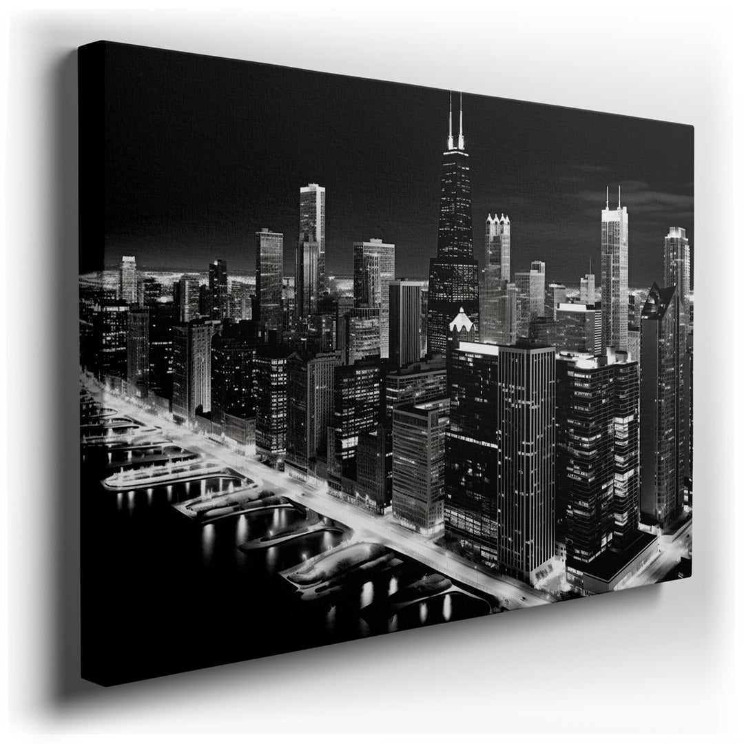 canvas print on wrapped canvas for wall decor – This exquisite black and white wall art captures the breathtaking beauty of the Chicago skyline at night, presenting a v...