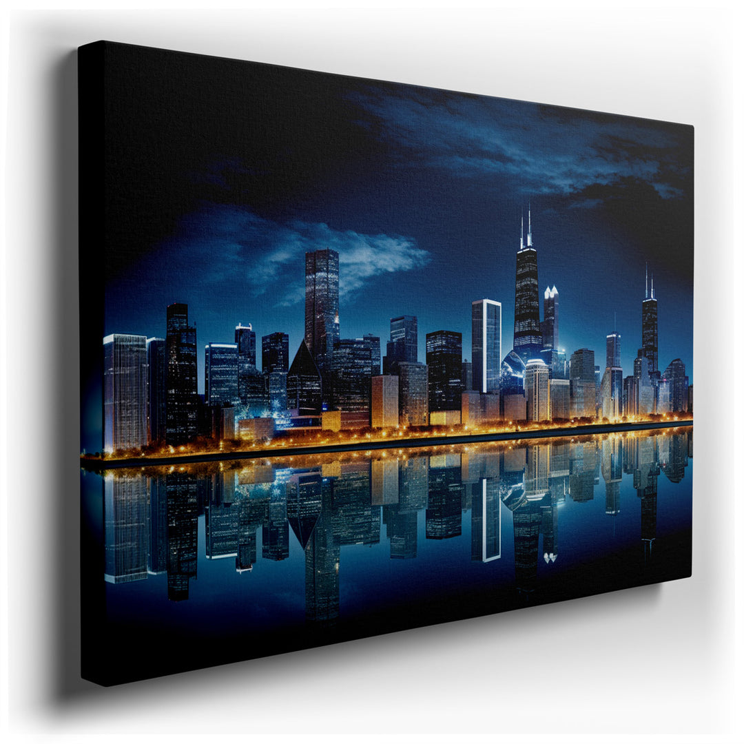 canvas print on wrapped canvas for wall decor – This wall art captures the breathtaking essence of the Chicago skyline at night, a scene that encapsulates both the gran...