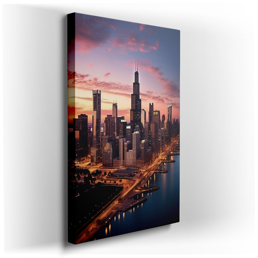 Chicago Skyline at Sunset: A Mesmerizing Urban Tapestry with Vibrant Reflections and Dynamic Energy - Large Wall Art,